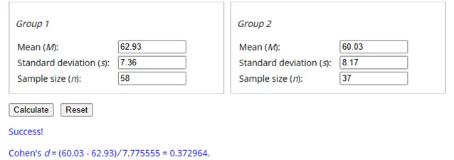 calculation of cohens d for effect size